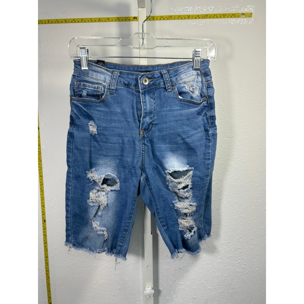 Elite Jeans Distressed Bermuda Shorts Blue Denim Ripped Frayed Hem Size 5/27